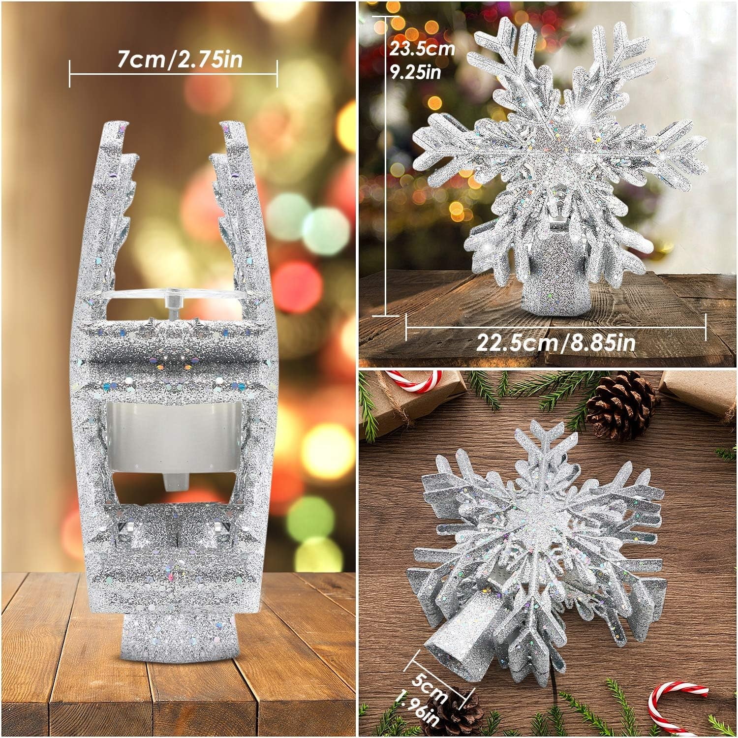 Rotating 3D Silver Snowflake Christmas Tree Topper with LED Projector & Glitter Lighting