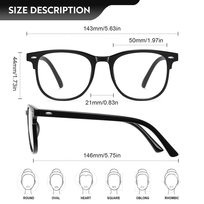 Stylish Unisex Blue Light Blocking Glasses for Women & Men with size chart showing frame width, lens height, and arm length. Ideal for all face shapes.