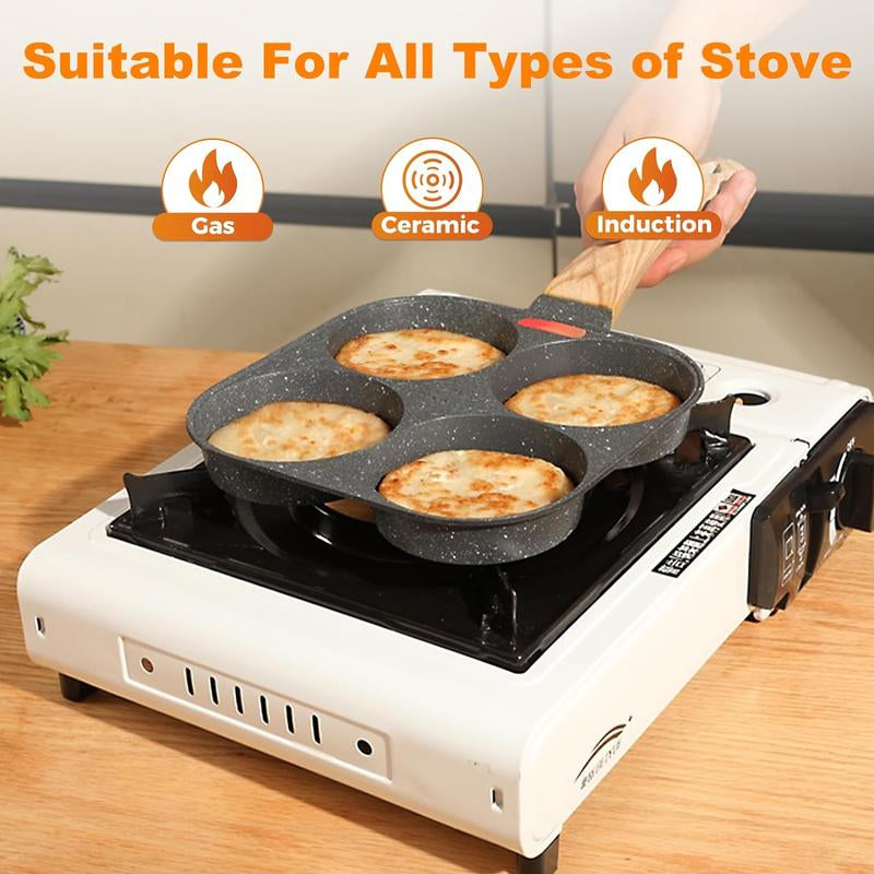 4-Hole Non-Stick Egg Frying Pan with Wooden Handle